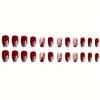 24pcs Matte Coffin Short False Nails, Burgundy Glitter Jelly Gel Nail Art With 3D Camellia Design, DIY Press-On Manicure E