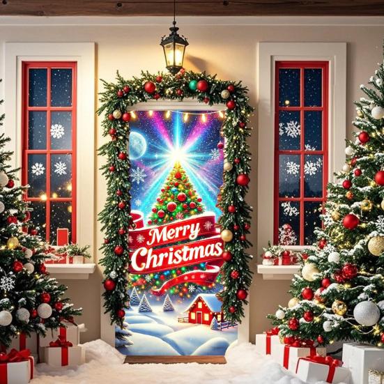 Fluorescent Christmas Door Cover 71x35 Inch Glow In The Dark Door Banner with Santa Tree Gift Box for Winter Front Door Party Wall Decor