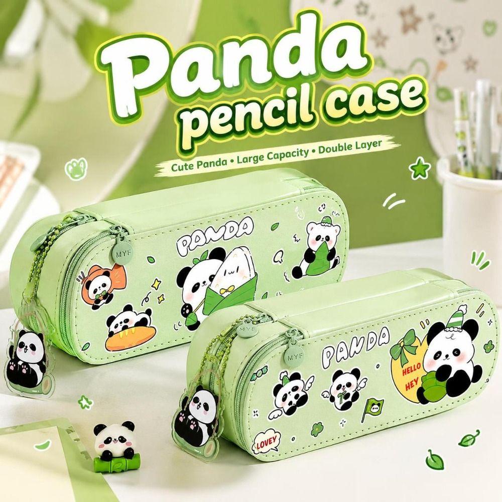 2-Tier Pencil Bag PU Pencil Box Cartoon Panda Pencil Case Student Stationery