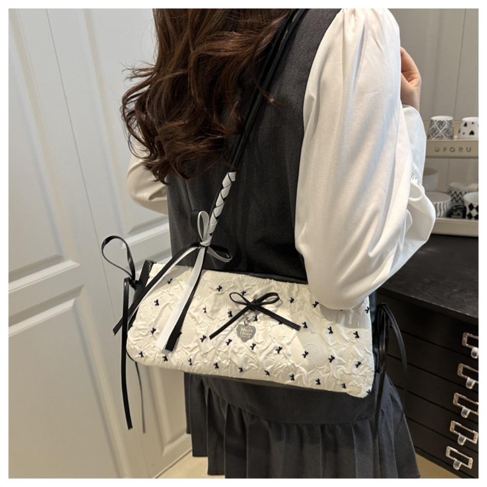 Elegant Korean Bow Decoration Women's Handbag PU Material Zipper Closure Shoulder Bag Niche Style Square Bag Fashion Occasion