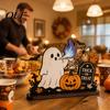 Decorative Wood Sign for Halloween Ghost Ornaments with Pumpkin Tombstone and Bat Elements, Wooden Party Supplies Tabletop Decorations Indoor