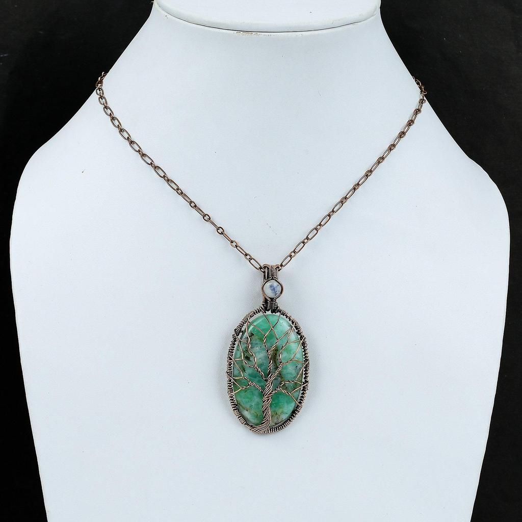 Древо Жизни Подвеска с хризопразом Медная проволока Обернутые ювелирные изделия Драгоценный камень Медный кулон Радуга Лунный камень Ювелирные изделия Подарок для него Подвеска ручной работы