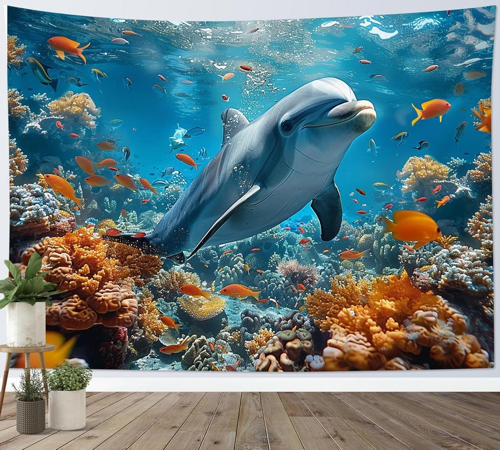 Ocean Dolphin Tapestry Wall Hanging Funny Sea Life Tapestry Wall Hanging Bedroom Whales Dolphin Wall Tapestry Living Room Decor