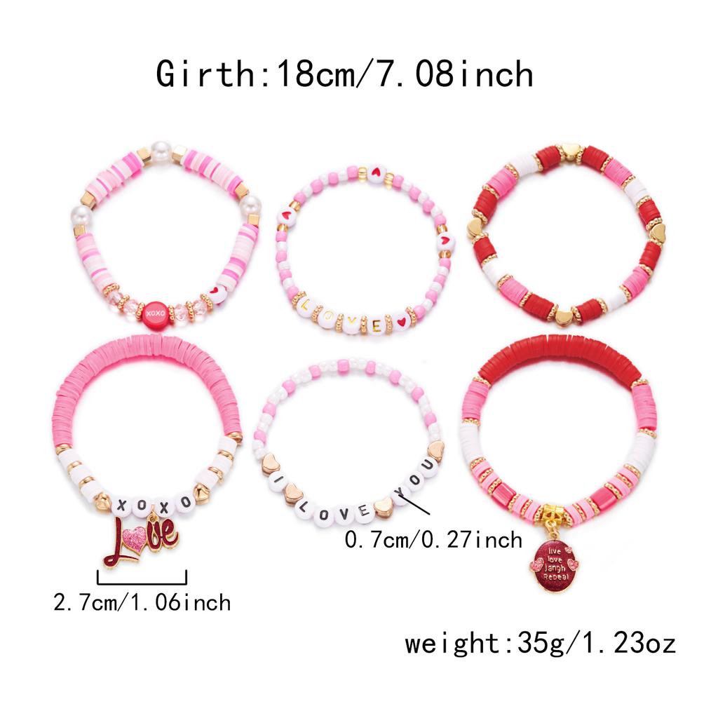Fashion 6pcs/set Y2K Pink Beads Polymer Clay Bracelets Set for Women Girls LOVE Heart Pendant Gifts for Lovers Jewelry