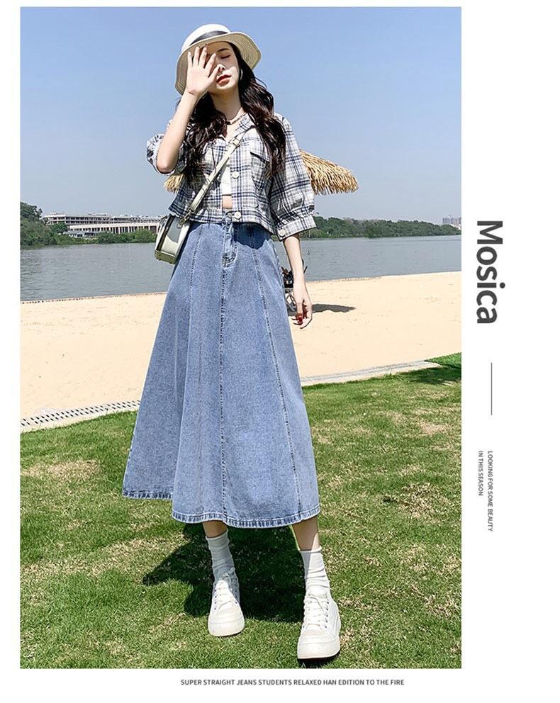 2023 Women's Long Spring Denim Pleated A-Line Skirt - High Waist, Mid-Length & Versatile