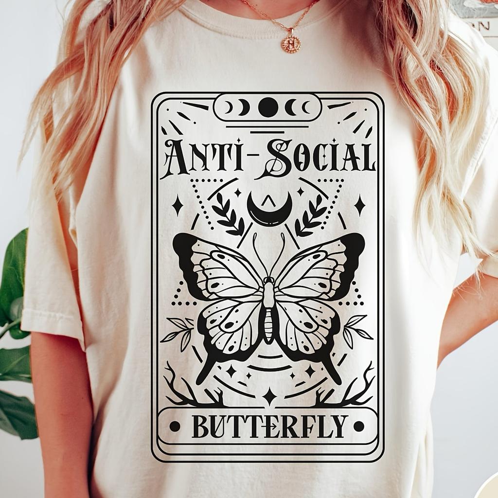 Womens Plus Size Butterfly Tarot Pattern Tshirt Cotton Breathable Fashionable and Versatile Unisex Streetwear Oversized