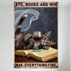 Винтажная металлическая вывеска «Кошки, Книги и Вино», Серая полосатая кошка на старой книге с бокалом вина, Жестяной плакат, Декор для стены из состаренного ржавого металла f
