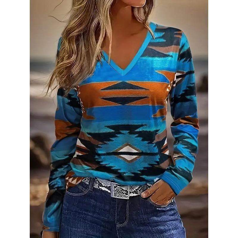 Fashionable High-quality Casual Geometric V-neck Long Sleeved Women's T-shirts