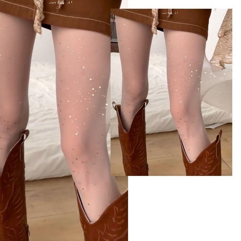 Summer Thin White Sheer Pantyhose with Bling - Bling Sequins, Sparkles, Sexy Star - Shaped Rhinestones for Girls and Baddies