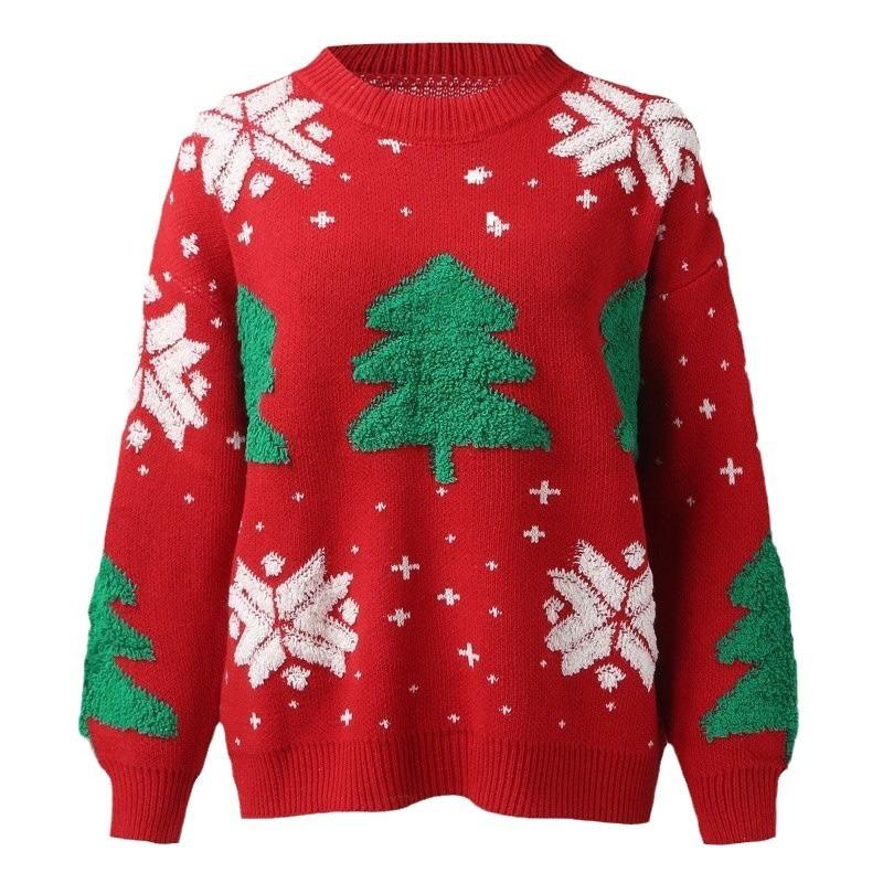 Women Loose Crew Neck Pullover Sweater With Snowflake Christmas Tree Pattern