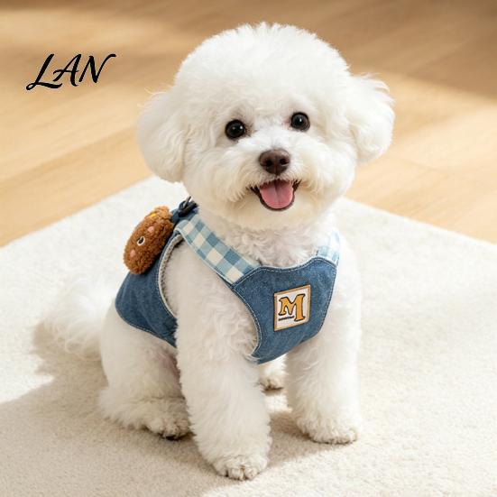 Nylon Pet Leash 1 Set Denim Dog Harness with Leash, Padded Breathable Harness, 4Ft Travel Accessories Cute Bear Walking for Small Dogs, Outdoor