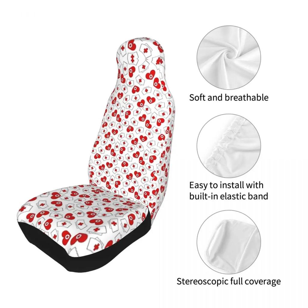 Шапка медсестры Узор сердечки Передний чехол на автосиденье для женщин Принт Чехлы для сидений для медсестер Подходят для любого грузовика, минивэна, дома на колесах, внедорожника 2 шт.