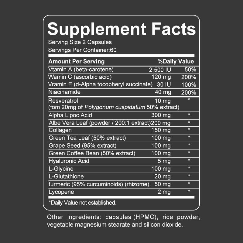 Vitamin A, Vitamin C, Vitamin E, Niacinamide, Hyaluronic Acid, Dietary Supplement, 120 Capsules