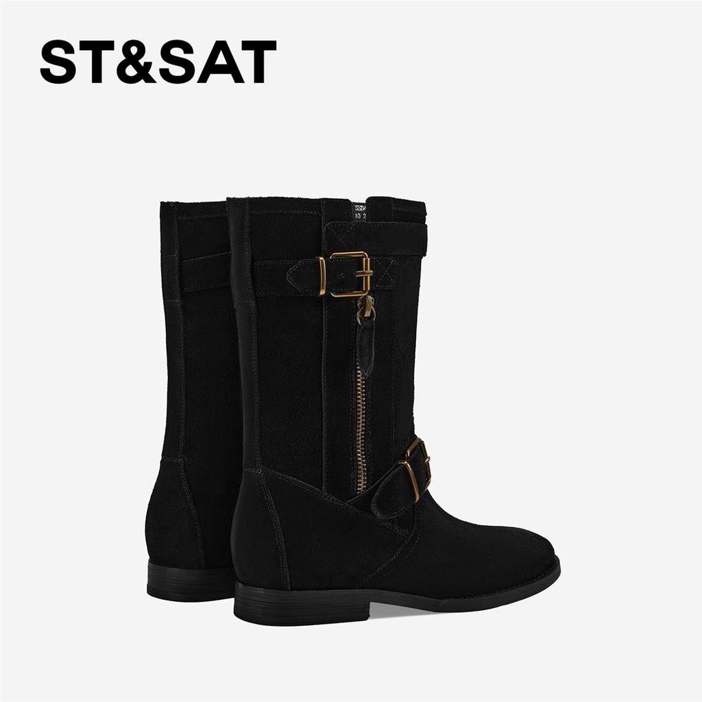 St&Sat/Saturday 2025 New Retro Belt Buckle Mid heeled Boots Thick Heel Round Head Fashionable Autumn/Winter