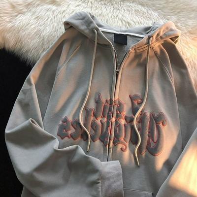 Ретро американский свитер большого размера с буквенным принтом, кардиган, толстовка для женщин Y2K, уличный хип-хоп, свободный кардиган, куртка на молнии 2023