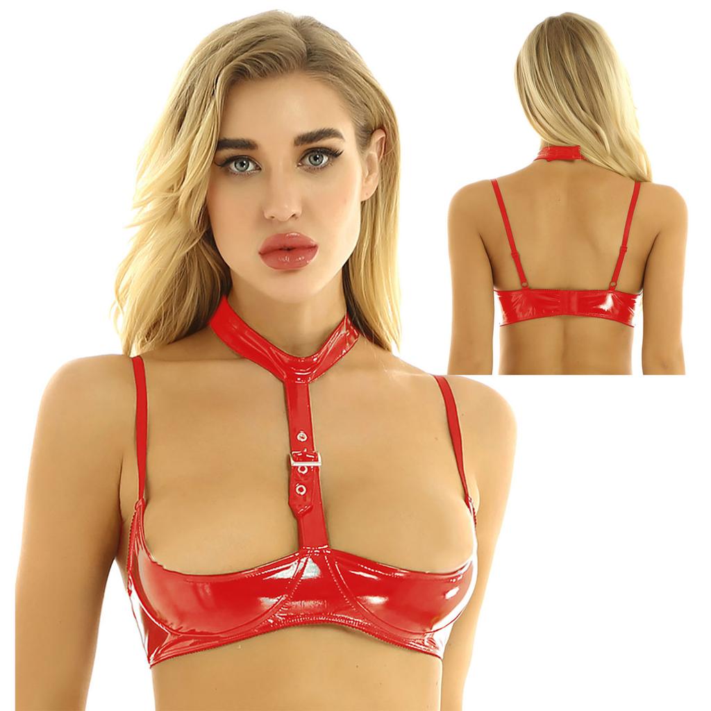 Women Patent Leather Wireless Bra Adjustable Push Up Bra Tops Female Backless Bralette Lingerie
