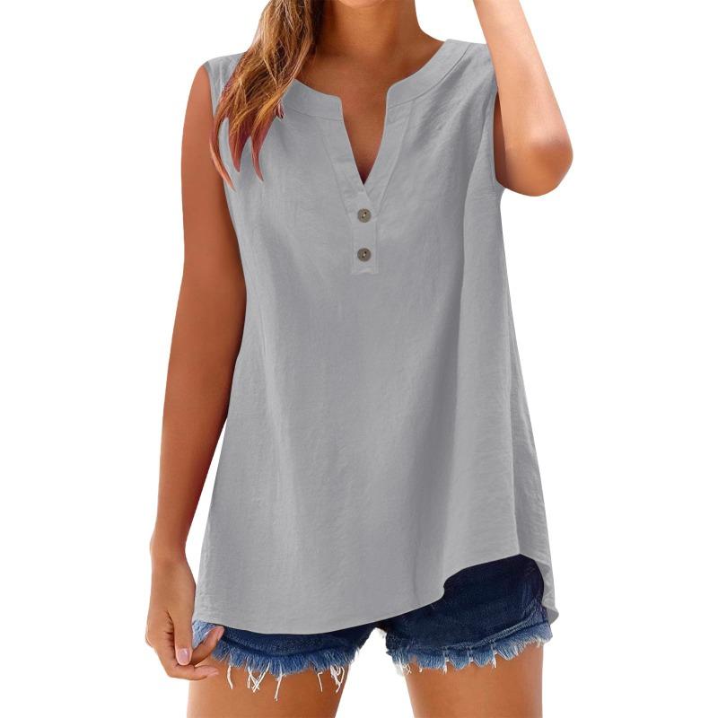 Женская рубашка Летняя мода Повседневная на пуговицах Свободная Без рукавов Бамбуковый хлопок Топ Женская одежда