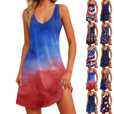 Женское повседневное платье с принтом для независимого дня, жилет с v-образным вырезом и пляжное платье с карманами