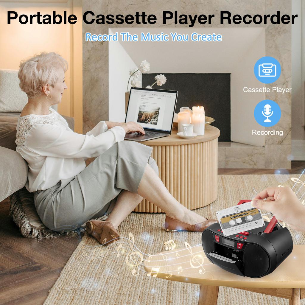Ретро Бумбокс, Портативный CD-кассетный плеер с Bluetooth, FM-радио, Воспроизведение с USB AUX, Пульт дистанционного управления, Стереодинамик с двойным питанием