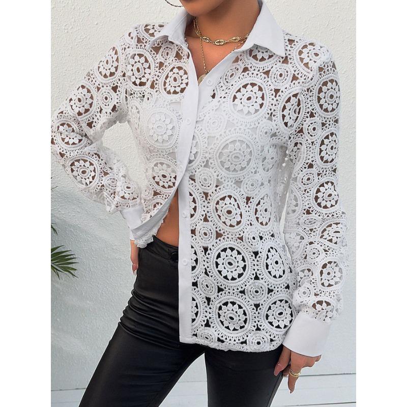 YYFS Женские модные повседневные пуловеры с воротником-поло и длинными рукавами с кружевным принтом, лето-весна с длинными рукавами