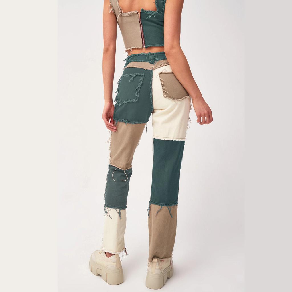 Женские свободные джинсы прямого покроя с накладными карманами, винтажные цветные контрастные нашивки, джинсы с высокой талией, узкие расклешенные джинсовые брюки, уличная одежда