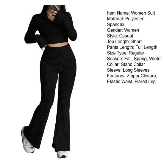 2 Pcs/Set Women Spring Commuting Outfit Top Flared Pants Set Zipper Closure Thread Stand Collar Coat High Waist Sport Tracksuit Elastic Daily Clothes