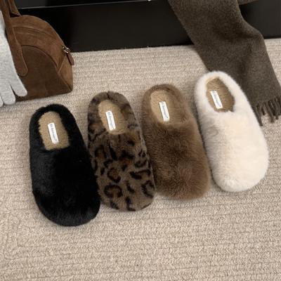 Маленькие люди растут! Баотоу полузакрытые белые пушистые туфли женские туфли французские осенне-летние уличные плюшевые хлопковые тапочки