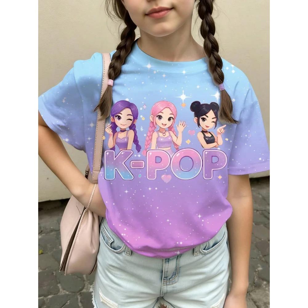 Kpop Style Short-Sleeve T-Shirts for Girls Funny Gift for Kids Summer Short Sleeve Tops Casual Round-Neck Outdoor Girls Clothes