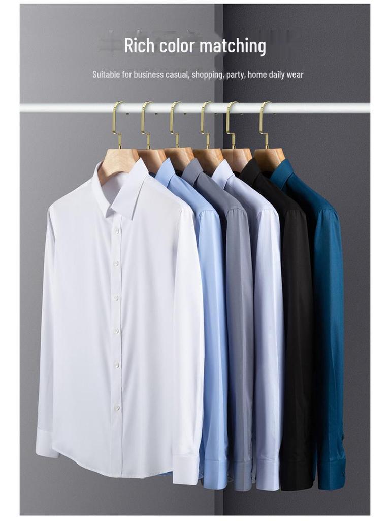 Men's Long Sleeve Bamboo Fiber Shirt - Solid Color, Wrinkle-Free, Stretchable, Antibacterial, Logo Embroidery Available