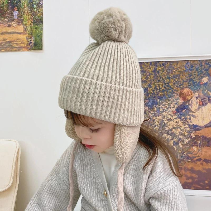 2-8T Baby Hat Big Pompom Beanie with Earflap Wool Plush Children Knitted Cap for Girls Boys Winter Thick Warm Kids Accessories