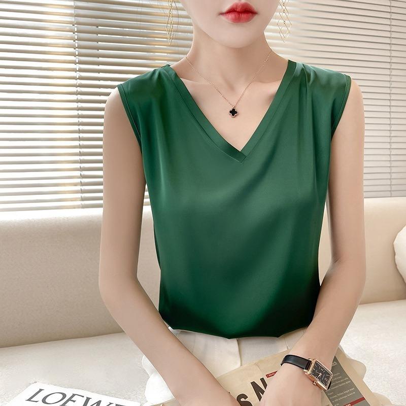 Women's Summer Vest Silk Slim V-neck Broad Shoulder Crop Inner Sleeveless Tops