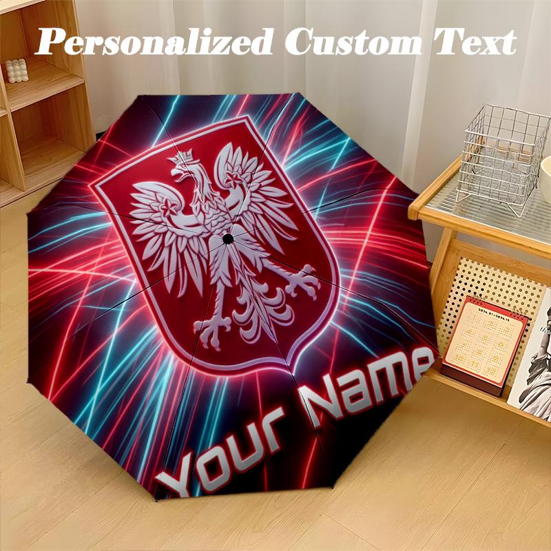 8 Rib Auto Folding Umbrella Poland Football Print Custom Name Text Portable Rain Gear