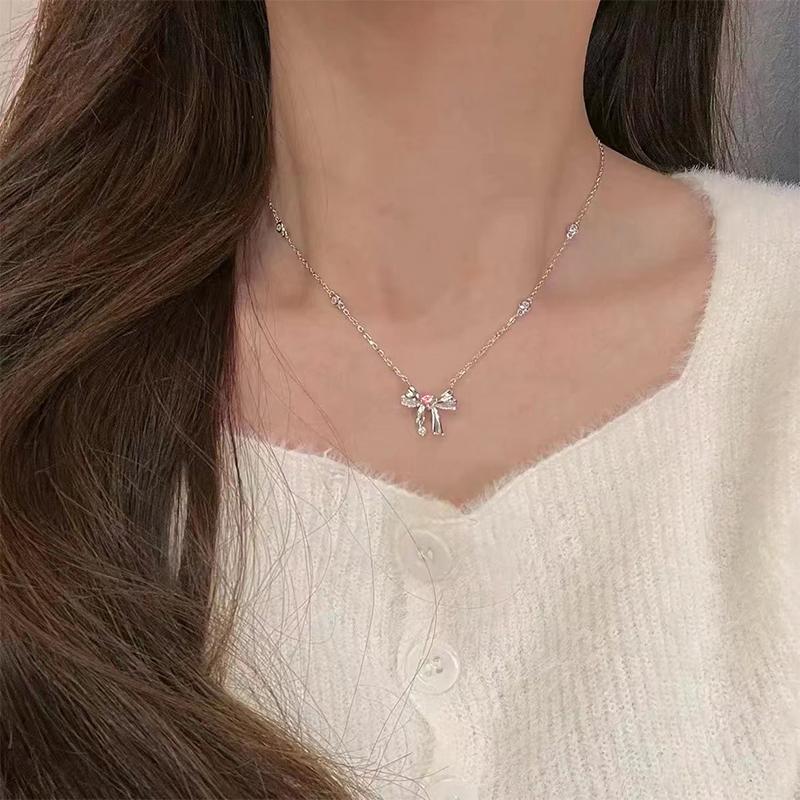 Серебряный цвет бант розовое сердце циркон ключичная цепочка с подвеской милые ожерелья для женщин винтажные ювелирные изделия подарок на вечеринку