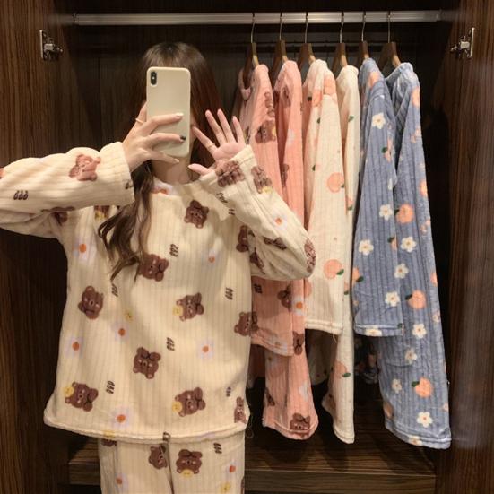 2 Pcs/Set Women Winter Pajamas Set Round Neck Cartoon Bear And Peach Pattern Long