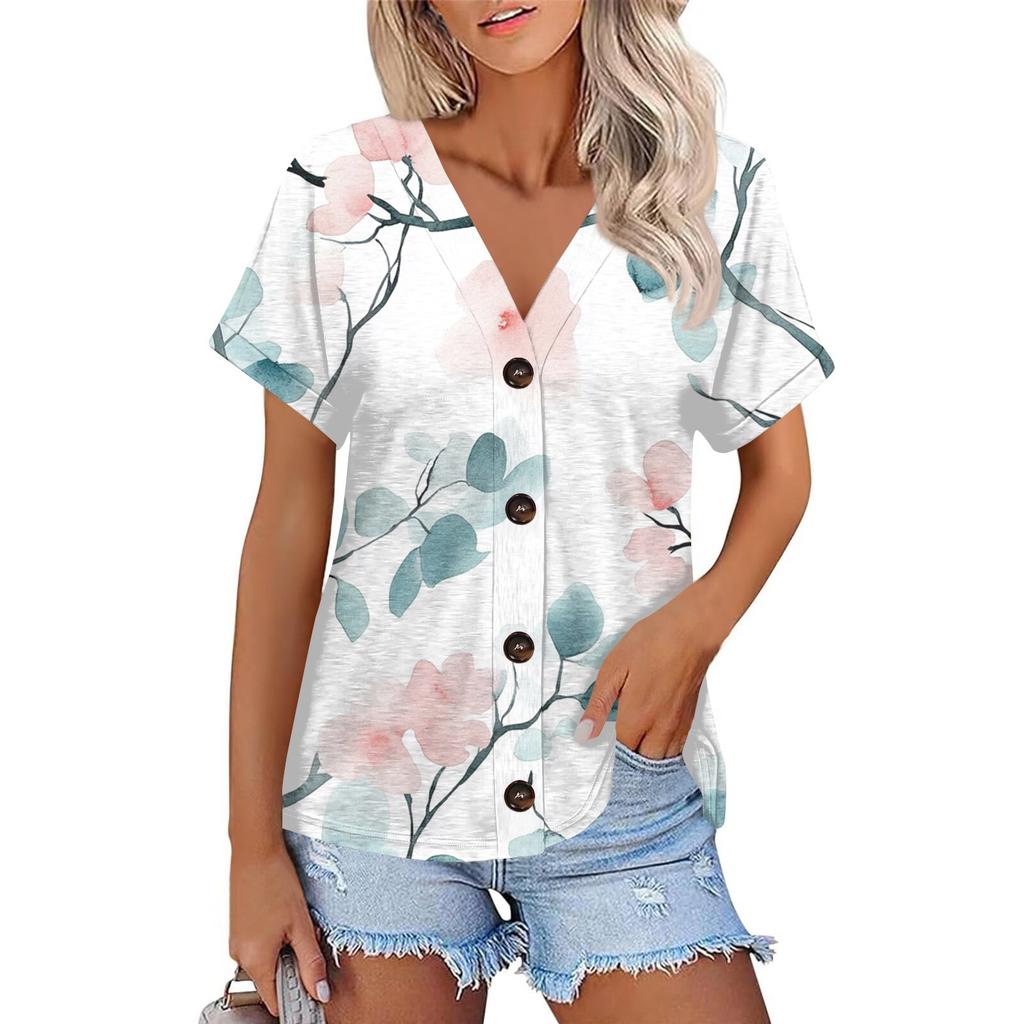 Женская мода с короткими рукавами и V-образным вырезом, повседневная футболка с пуговицами