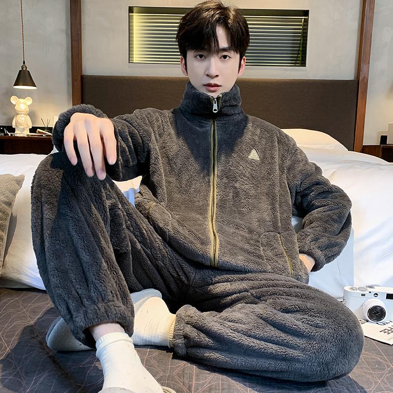 Зимняя мужская фланелевая утепленная теплая пижамная одежда с застежкой-молнией, брюки с длинным рукавом, домашняя одежда для молодых мальчиков, пижамы