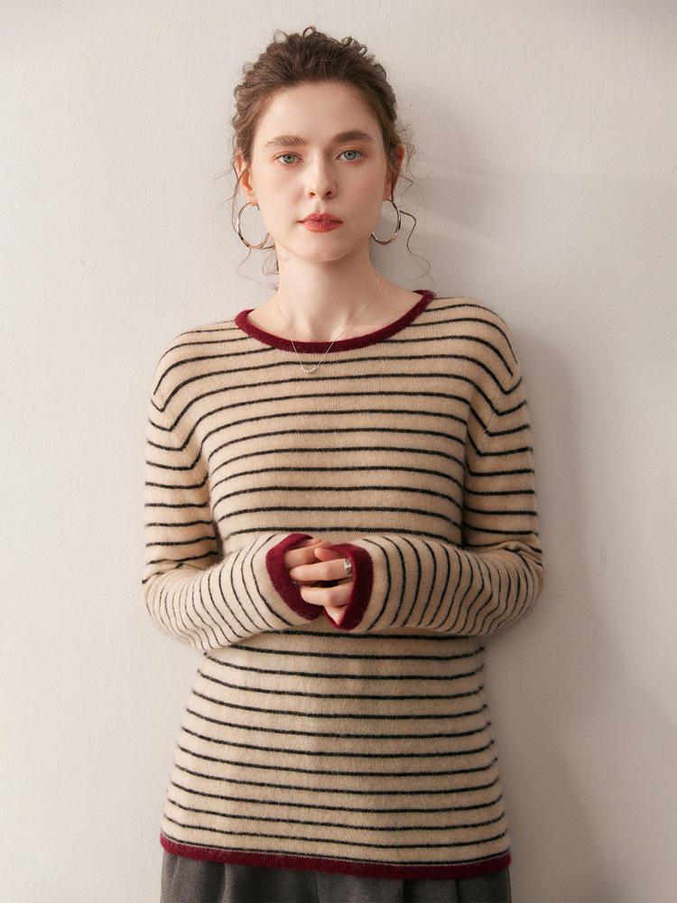 Cashmere Blend Women's Round Neck Color Block Stripe Knitwear: Loose, Elegant, Casual Autumn/Winter Pullover.