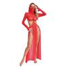Fashion Women Sheer Dress Maxi Hollow Out Mesh Coverup with Long Sleeves Hooded Mask and High Slit, Sexy Party Club Wear