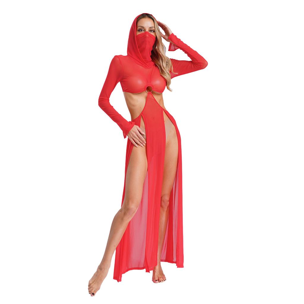 Fashion Women Sheer Dress Maxi Hollow Out Mesh Coverup with Long Sleeves Hooded Mask and High Slit, Sexy Party Club Wear