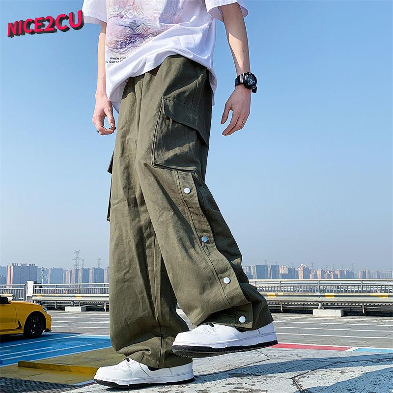 Лето 2023, новые трендовые мужские широкие брюки-карго, корейская уличная одежда, повседневные дизайнерские спортивные штаны большого размера с пуговицами для подростков