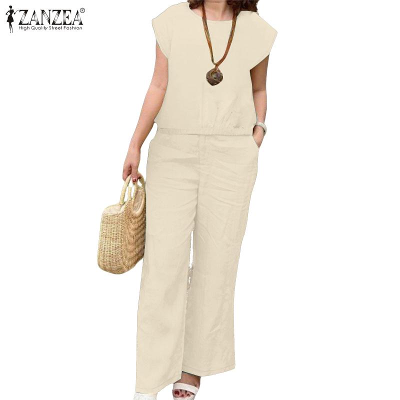 ZANZEA Женский летний комплект из двух частей: блузка с коротким рукавом и брюки