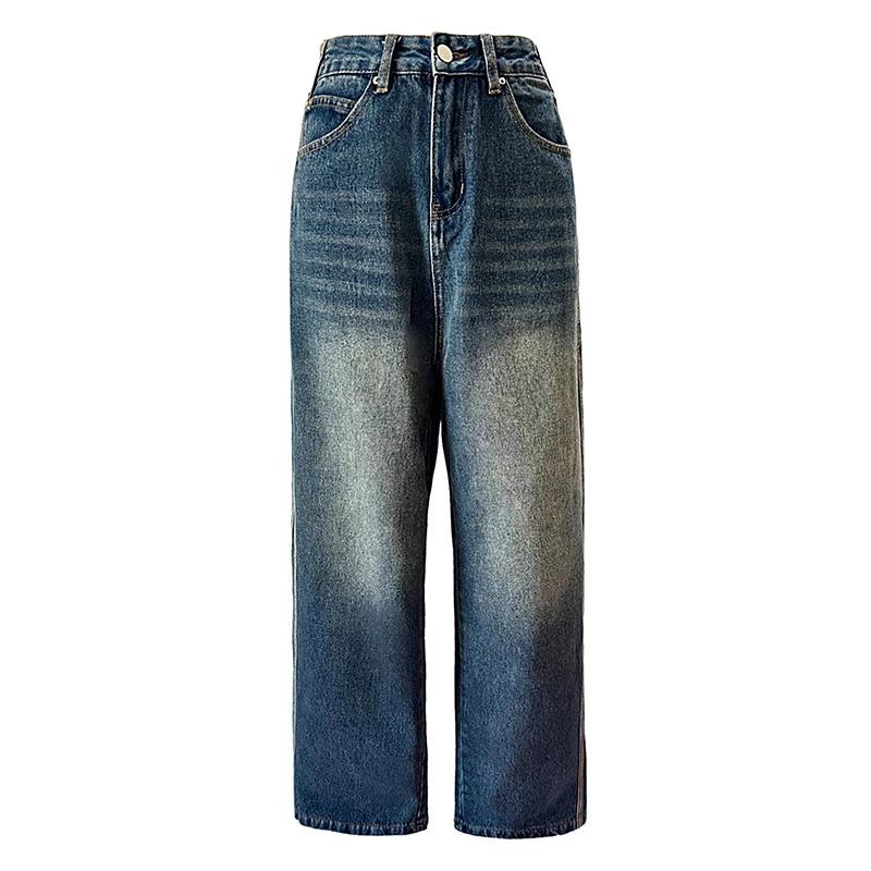 Four Seasons Wear American Retro Washed Side Striped Wide Straight Jeans For Women High Street Loose High Waist Floor Pants