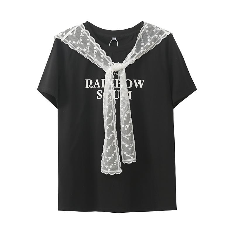Large size women's age-reducing lace shawl T-shirt women's summer new printed short-sleeved top 222174