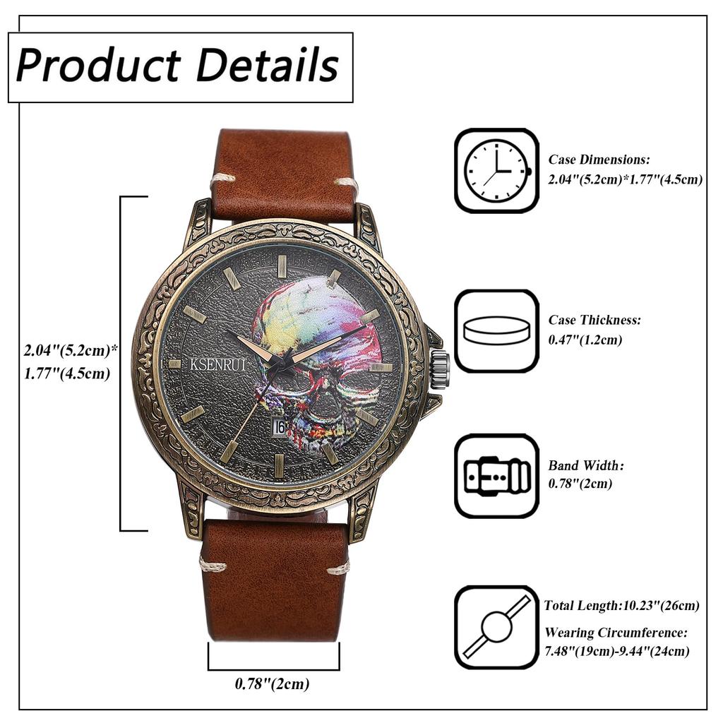 Часы из натуральной кожи с черепом, светящиеся аналоговые часы-скелетоны с кожаным ремешком, черно-коричневые кварцевые часы, модные часы на день рождения, подарок на Рождество