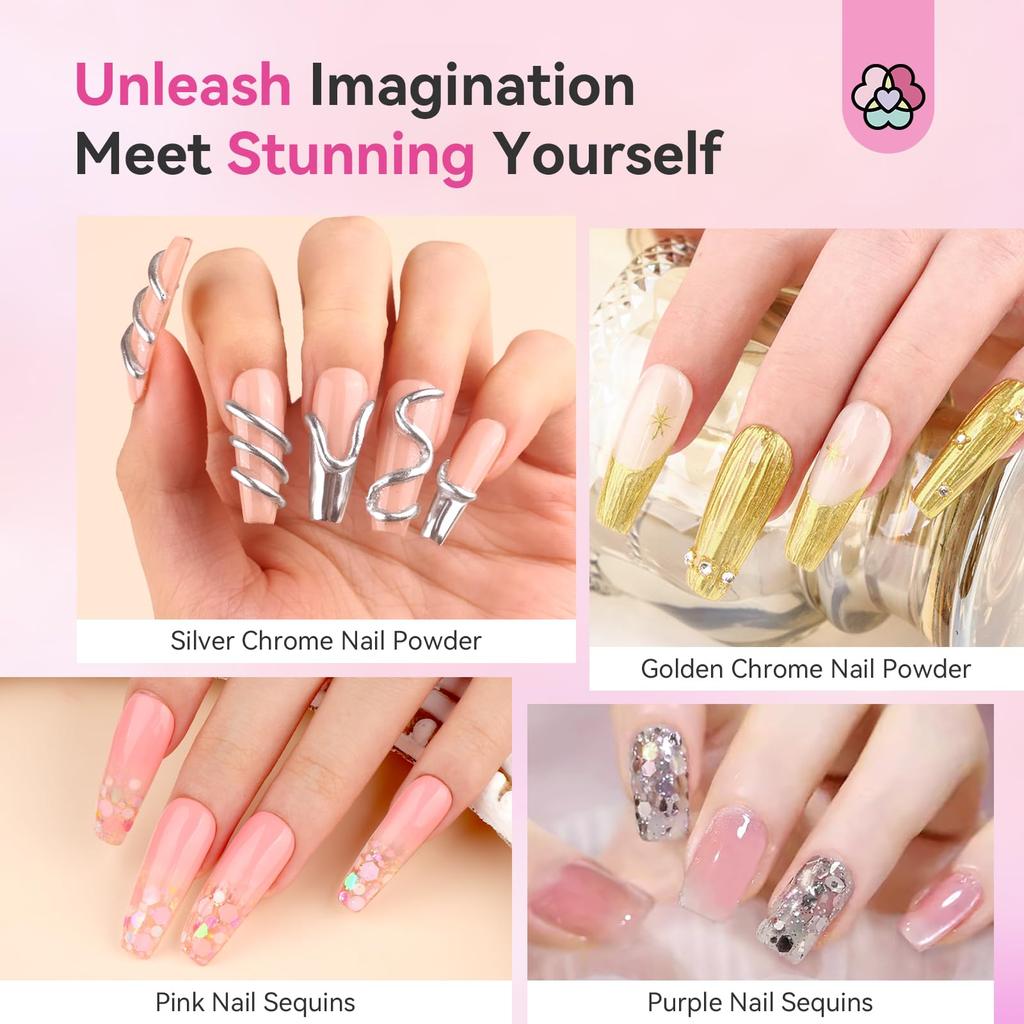 Saviland Builder Gel Lengthening Solid Builder Nail Gel Kit 3 Colors No Wipe Gel Builder with UV Lamp Chrome Powder Nail Sequins Complete 3D Sculpture