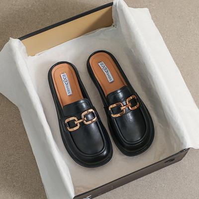 Новые весенние женские уличные тапочки, черные мюли, модные повседневные лоферы с металлическим дизайном, обувь Muller, одежда для вечеринок и работы