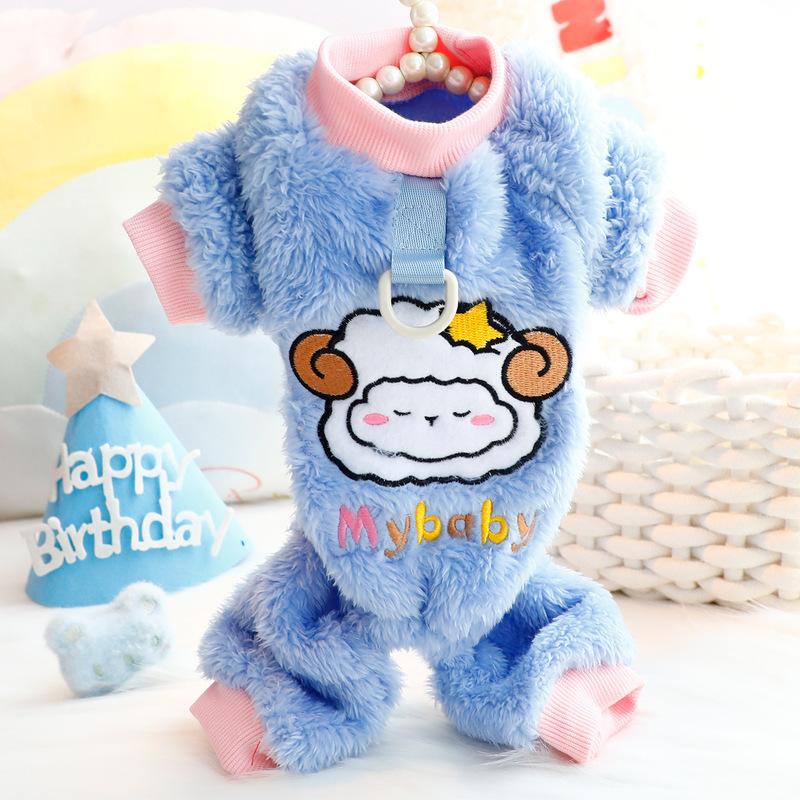 BXX Cute Sheep Embroidery 4-Legged Pet Fleece Jumpsuit with D-Ring Autumn Winter Warm Puppy Clothes Soft Plush Dog Outfit