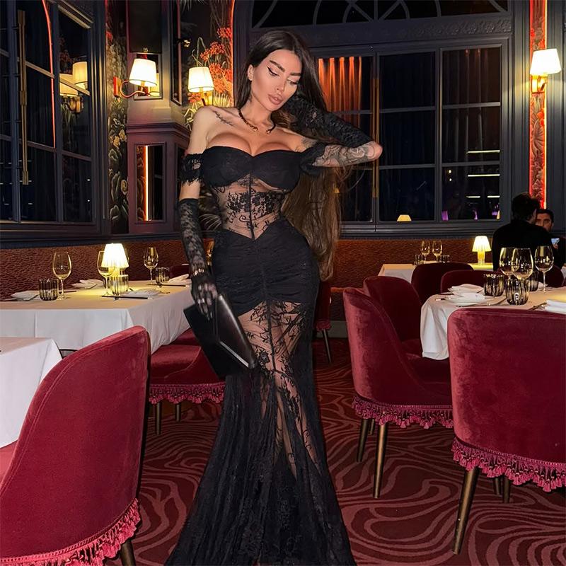 Кружевное сексуальное прозрачное длинное платье женское элегантное ажурное платье с открытой спиной и принтом на высокой талии вечернее платье женское однотонное макси платье