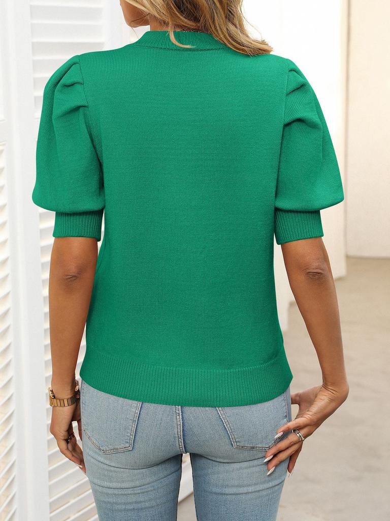 Women's Casual Short Sleeve Puff Sleeve Knit Sweater, Minimalist Round Neck Solid Color Top, Lightweight Summer Pullover, Relaxed Fit T-Shirt Style