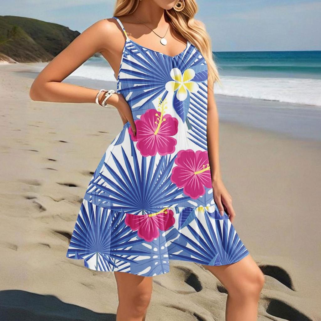 Женское платье без рукавов, свободное, повседневное, темпераментное, гавайское, цветочное, пляжное платье